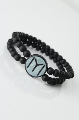 Açık Mavi Renkli Metal Üzerine Kayı Boyu Figürlü Siyah Renk Çift Sıra Doğal Taş Erkek Bileklik