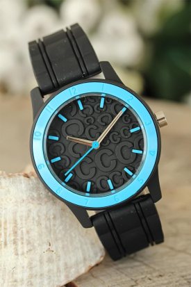 Siyah Renk Silikon Kordonlu Kabartlamalı İç Tasarımlı Mavi Spor Kasa Bayan Kol Saati
