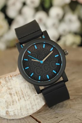 Siyah Silikon Kordonlu Mavi Kadranlı Bayan Kol Saati