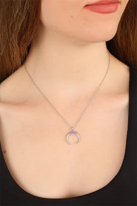 Silver Renk Kaplama Zirkon Taşlı Nal Figürlü Bayan Kolye