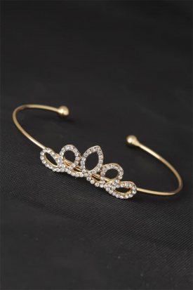Gold Renk Zirkon Taşlı Taç Figürlü Bayan Metal Kelepçe Bileklik