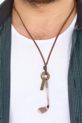 Golf Sopası Figürlü Eskitme Rose Renk Deri İpli Erkek Kolye