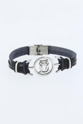 Silver Renk Baykuş Figürlü Metal Aksesuarlı Siyah Renk Deri Erkek Bileklik