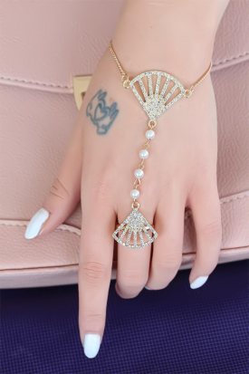 Gold Renk Kaplama Zirkon Taşlı ve İncili Şahmeran Bileklik