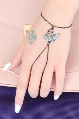 Siyah Renk Kaplama Zirkon Taşlı Kuğu Figürlü Şahmeran Bileklik