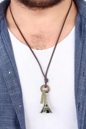 Eskitme Renk Metal Paris Kulesi Aksesuarlı Deri İpli Erkek Kolye
