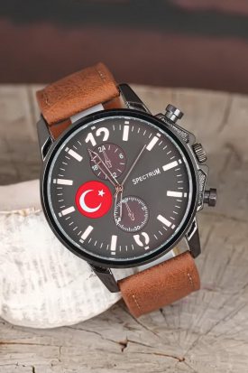 Taba Renk Deri Kordonlu Füme Ay Yıldızlı Kasa Tasarım Erkek Kol Saati