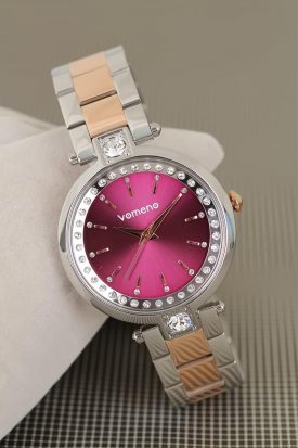 Gümüş Renk Taşlı Kasa Pembe Renk Tasarımlı Vomeno Marka 2 Yıl Garantili Bayan Kol Saati