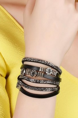 Deri Dolama Taşlı ve Aksesuarlı Bayan Bileklik
