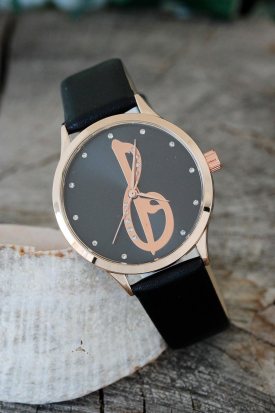 Elif Vav Tasarımlı Siyah Renk Deri Kordonlu Bayan Saat