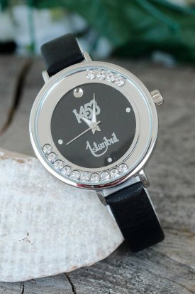 İstanbul 1453 Tasarımlı Siyah Renk Deri Kordonlu Bayan Saat