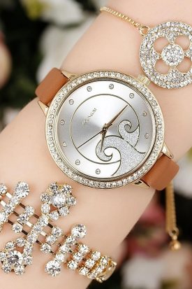 Deri Kordonlu Zirkon Taşlı Bayan Saat Kombini