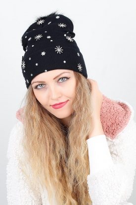 Siyah Renk Parlak Aksesuarlı Poponlu Bayan Bere