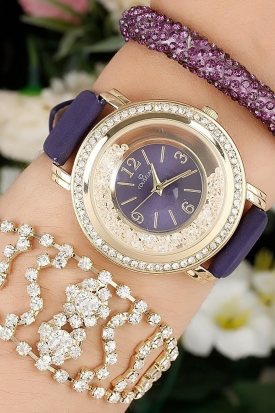 Deri Kordonlu Zirkon Taşlı Bayan Saat Kombini
