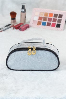 Simli Gri Renk Makyaj Çantası