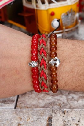 Kahverengi ve Kırmızı Şık Tasarım Erkek Bileklik Kombini