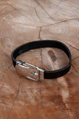 Siyah Kordonlu Çelik Kemer Formlu Erkek Bileklik
