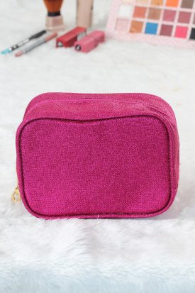 Simli Fuşya Kare Form Makyaj Çantası