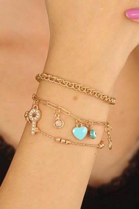 Çoklu Gold Renk Mavi Kalpli Bayan Bileklik