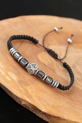 Mıhlama Zirkon Taş İşlemeli Hematit Doğal Taş Asansör İpli Erkek Bileklik