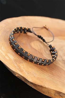 Asansör İpli Füme Renkli Hematit Doğal Taş Erkek Bileklik