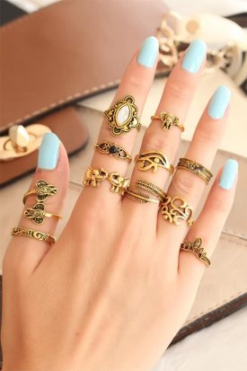 Eskitme Altın Renkli Trend Tasarım Metal Bayan Yüzük Seti