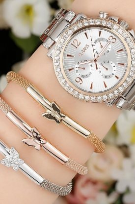 Clariss Zirkon Taşlı Metal Kasa Bayan Saat Kombini