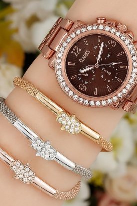 Clariss Zirkon Taşlı Metal Kasa Bayan Saat Kombini