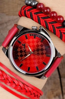 Bordo Deri Kordonlu Erkek Saat Bileklik Kombini