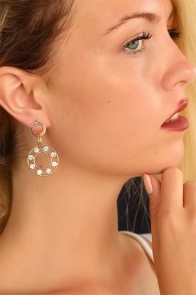 Gold Renk Yuvarlak Zirkon Taşlı Bayan Küpe